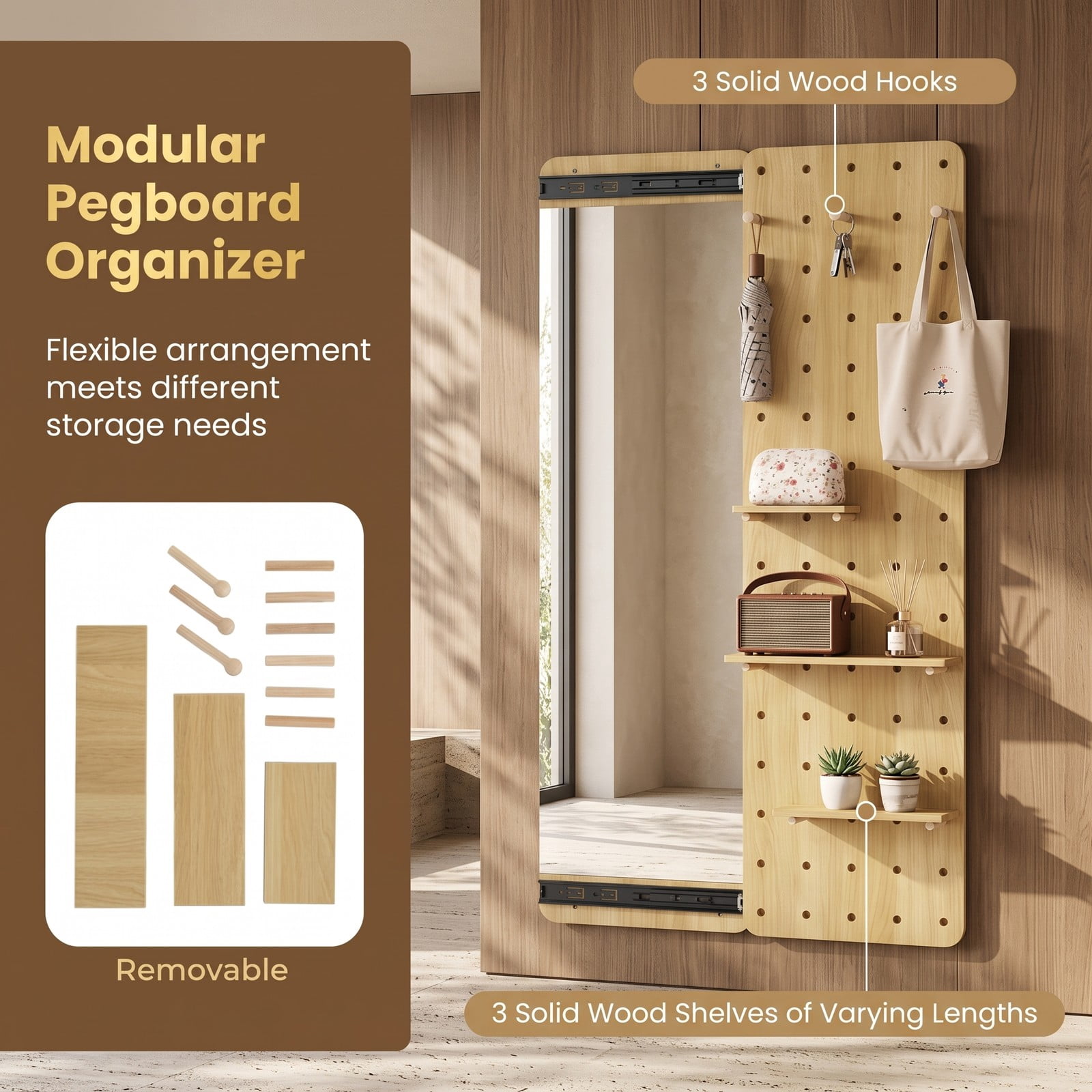 ALPULON Solid Wood Full Length Mirror with Sliding Pegboard, Shelves and 3 Hooks, Wall Mounted HD Floor Mirror for Entryway Bedroom Closet, Natural