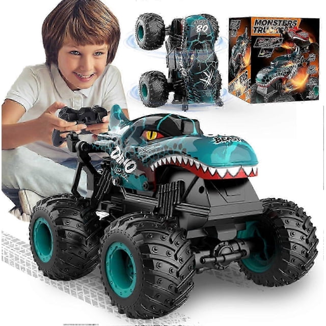 SBSG 2.4Ghz RC Monster Truck Toys for Boys, 1:20 Dinosaur Remote Control Car with Lights & Music, Stunt 360 Spin Walk Truck