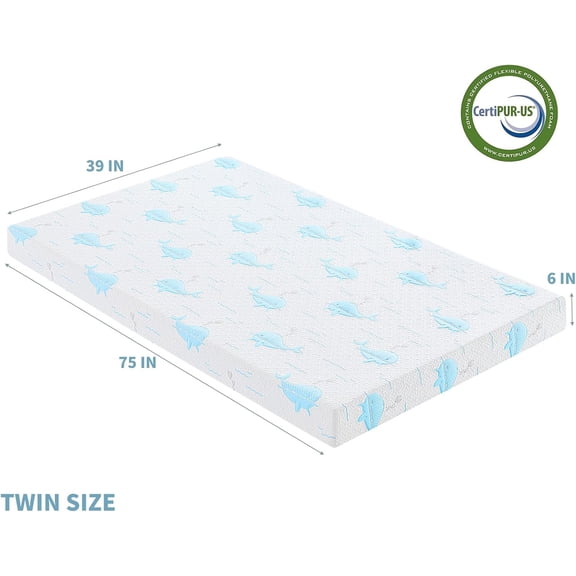 6 Inch Twin Mattress for Kids, Removable Washable Cover with Whales Pattern Cooling Memory Foam Medium Feel, Bed-in-a-Box, CertiPUR-US Certified, Twin, White/Blue