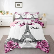 Homewish Pink Bowtie Ribbon Bedding Comforter Set,Paris Eiffel Tower Twin Comforter Sets,Romantic Red Rose Bedding Set For Men Women,Ultra Soft Home Decor Reversible,2-Piece