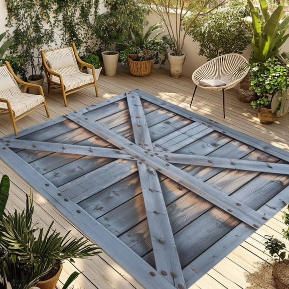 Farmhouse Wood Grain Outdoor Rug for Patio/Deck/Porch, Non-Slip Large Area Rug 5 x 8 Ft, Vintage Country Barn Gate Textured Indoor Outdoor Rugs Washable Area Rugs, Camping Rug Carpet Runner
