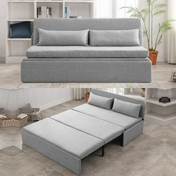 Mjkone Queen Size Convertible Sofa Bed, Modern Pull Out Linen Sleeper Sofa Couch, Revesible Couch Bed with Cushions&Throw Pillows for Small Place/Apartment/Living Room/Office/Studio(Light Gray)