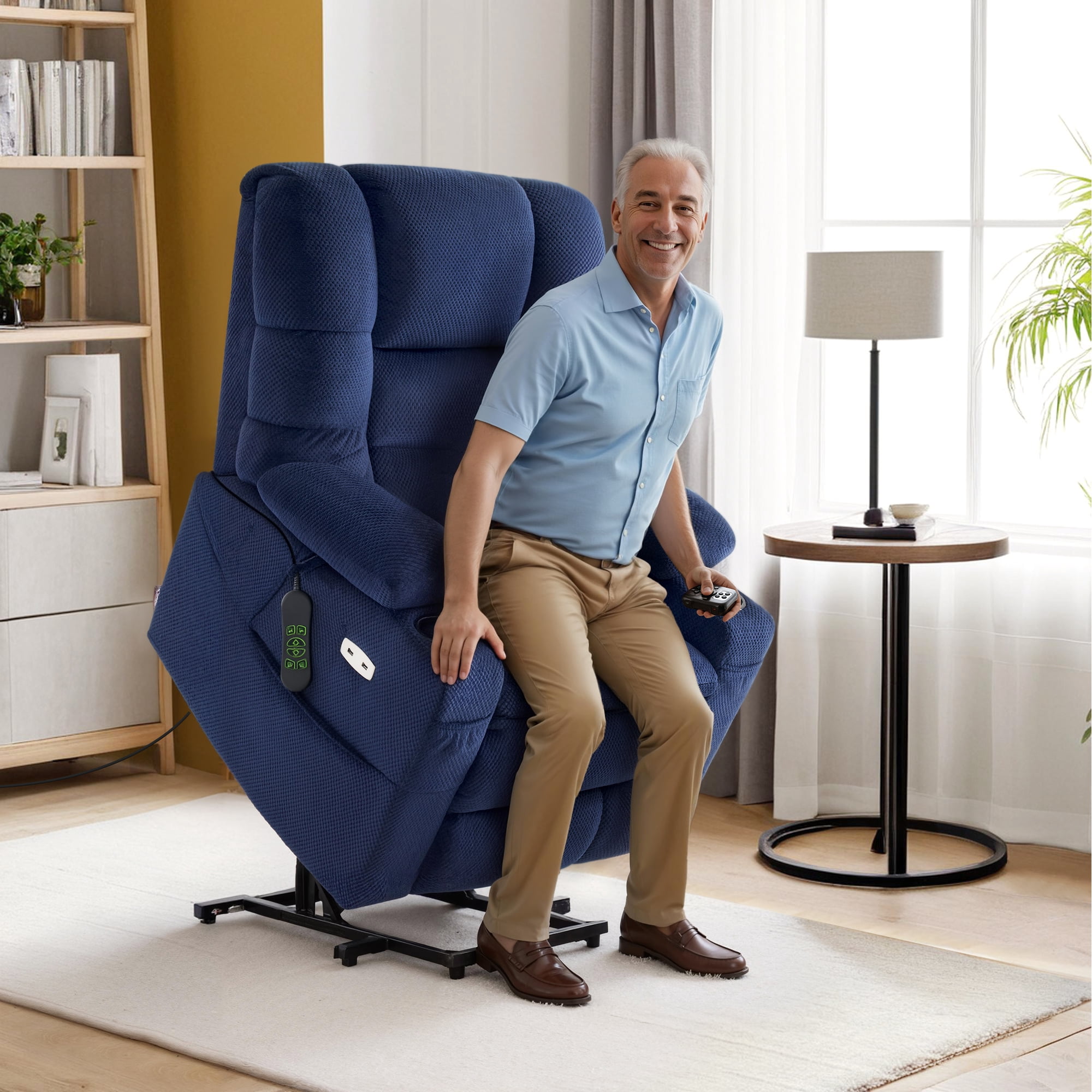MCombo Triple Motor Power Lift Recliner for Elderly, Sleep Recliner Sofa with Adjustable Headrest, Fabric, Navy Blue