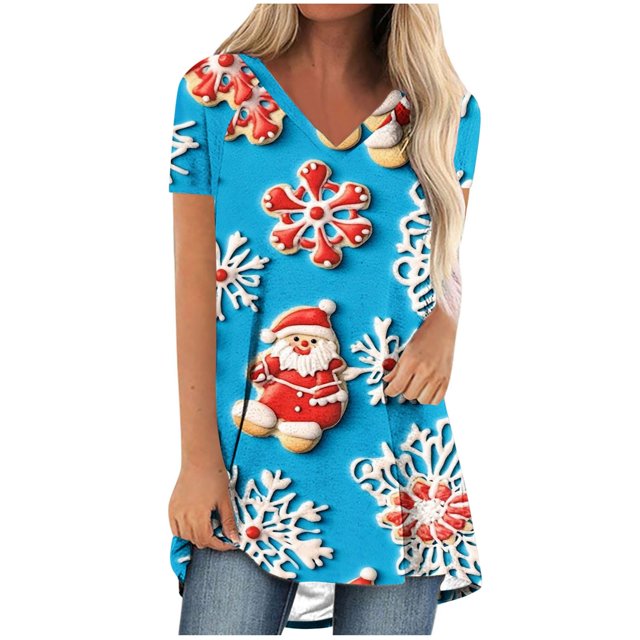Camiseta Impresa con Cuello en V de Manga de Raglan de la Parte Trasera Larga Delantera Corta de las Mujeres de Navidad, Vacaciones Informales