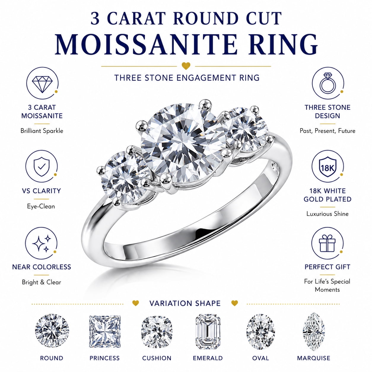 JeenMata 3.5 Carat Cushion Cut Moissanite Rings - Three Stone Engagement Rings in 18K White Gold Plating for Women