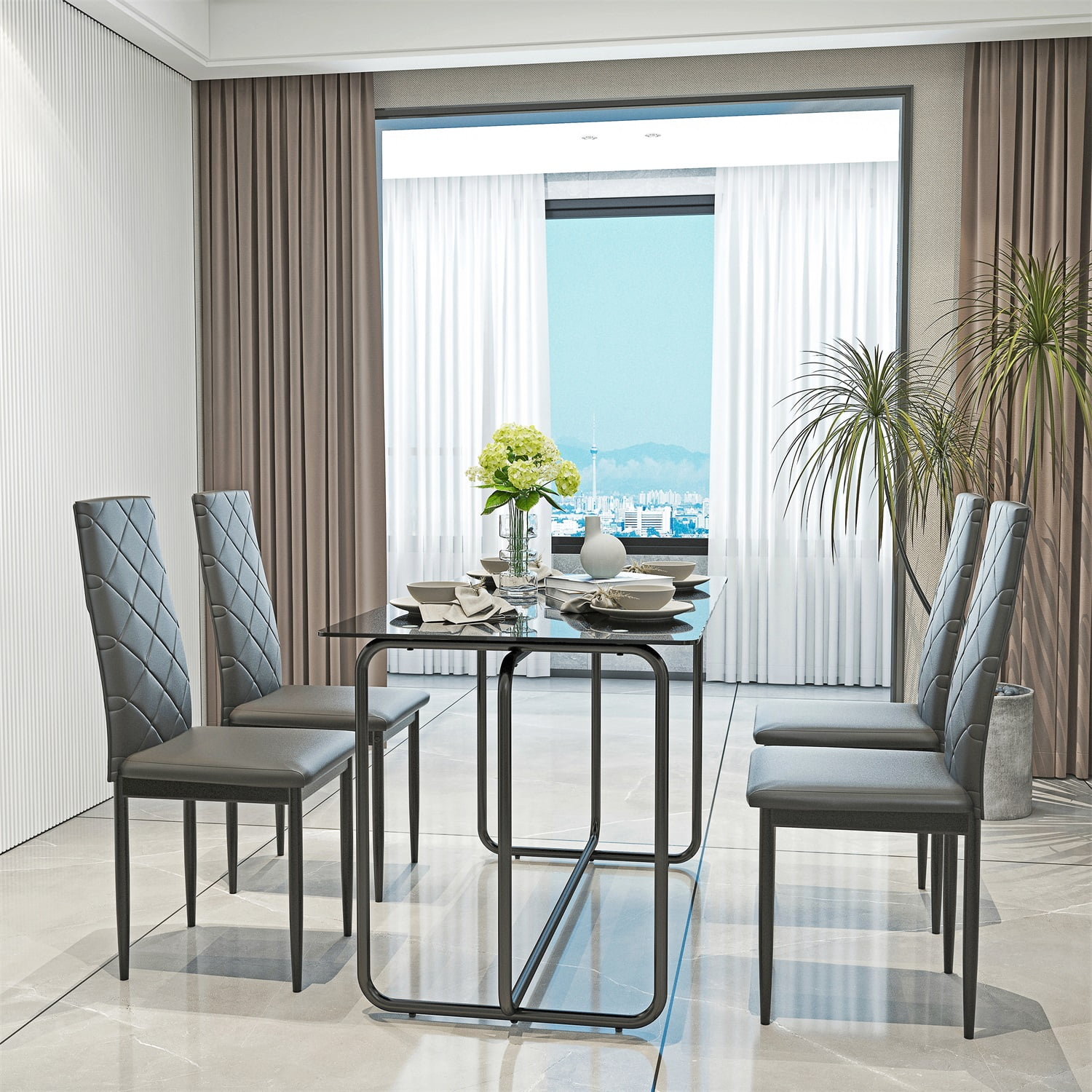 Yardi Yard 5 Piece Dining Table Set with 4 Chairs, Rectangle Tempered Glass Table PU Leather Kitchen Dining Chairs, Black Yardi Yard 5 Piece Dining Table Set with 4 Chairs, Rectangle Tempered Glass Table PU Leather Kitchen Dining Chairs, Black
