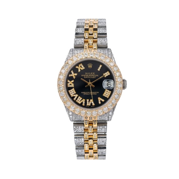 Pre-Owned Rolex Datejust 31MM 68273 Black Roman Diamond Dial Diamond Bezel Two Tone Yellow Gold Full Diamond Jubilee Bracelet