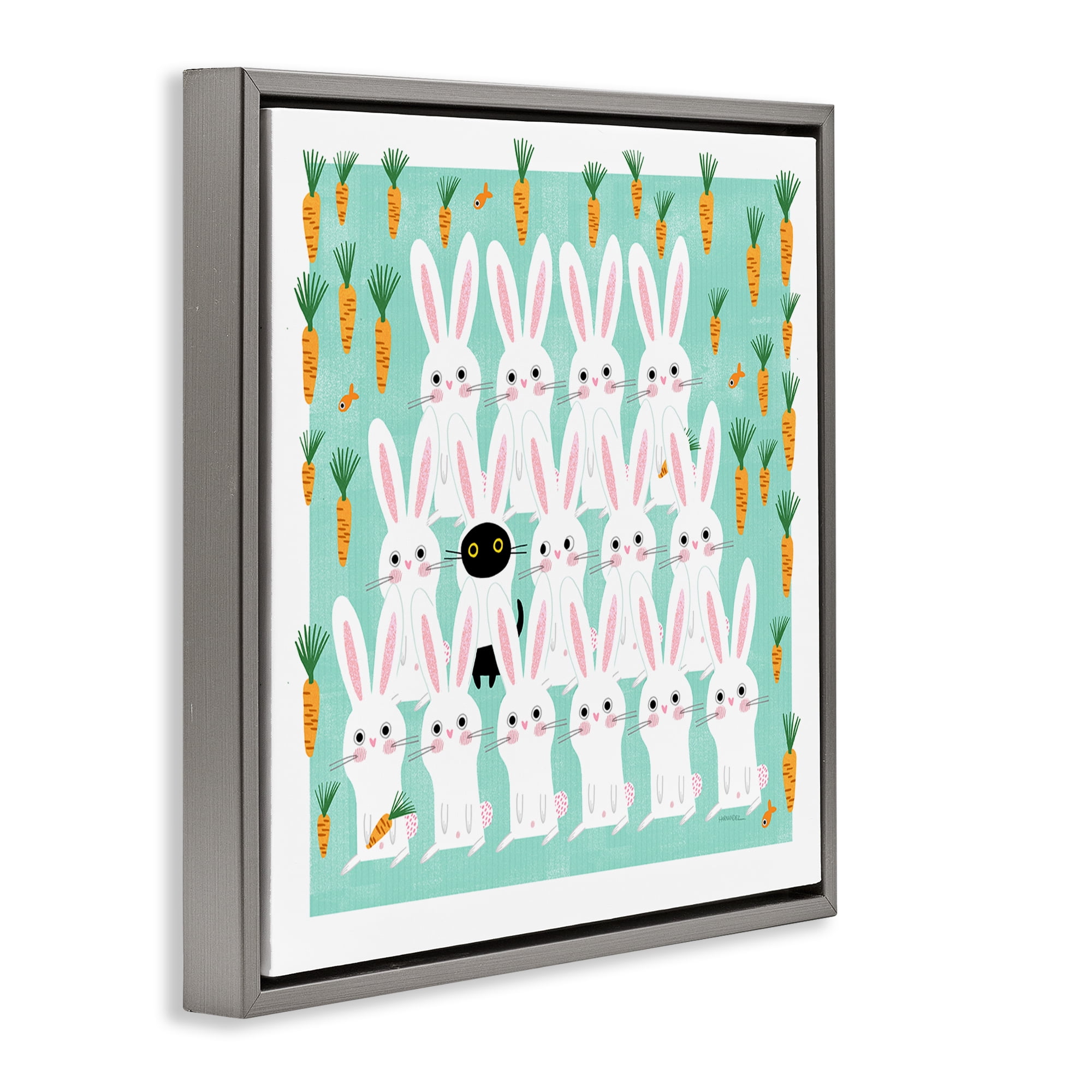Stupell Industries Cat Mixed with Bunnies Animals Painting Gray Floater Framed Canvas Art Print Wall Art, 18 x 18