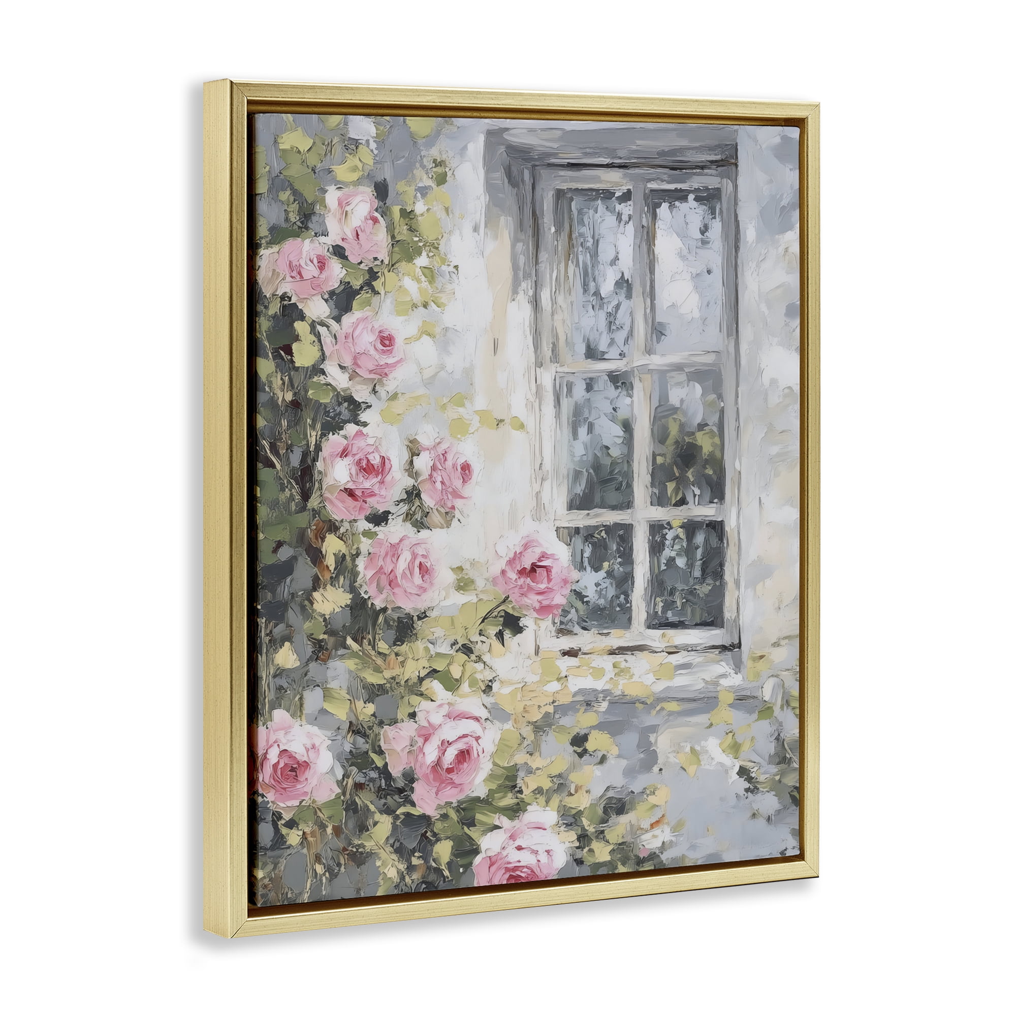 Stupell Industries View Of Roses Cottage Window Gold Framed Floater Canvas Wall Art, design by LSR Design Studio