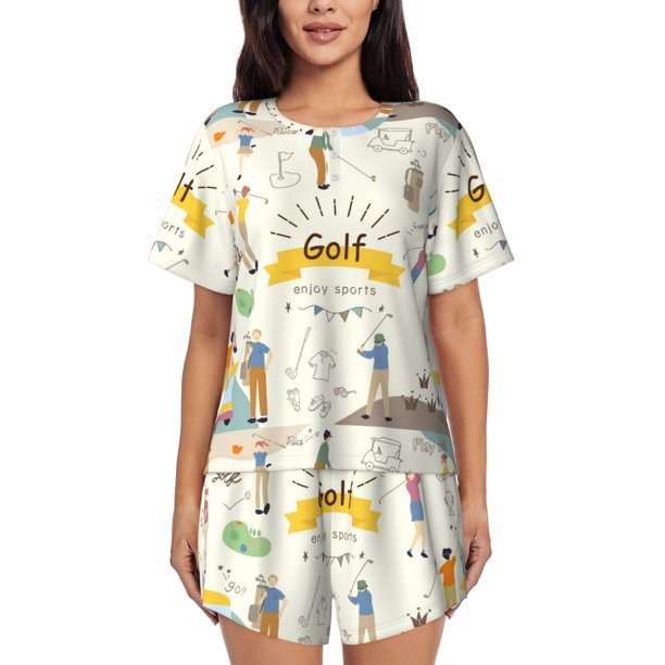 Balery Golf Icons And Golfer Conjunto de Pijama para Mujer con Estampado, Dos Piezas de Manga Corta y Shorts, Ropa de Dormir Suave con Cuello Redondo y Bolsillos-Medium