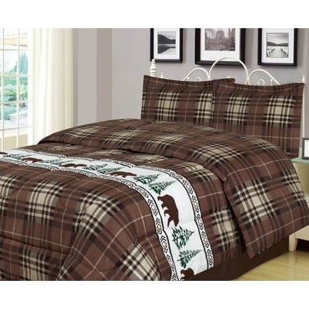 Plaid Bear Full Queen Comforter 3 Piece Bedding Set Rustic Cabin