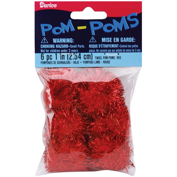 1" Holiday Craft Project Tinsel PomPoms Red/Red 6pc