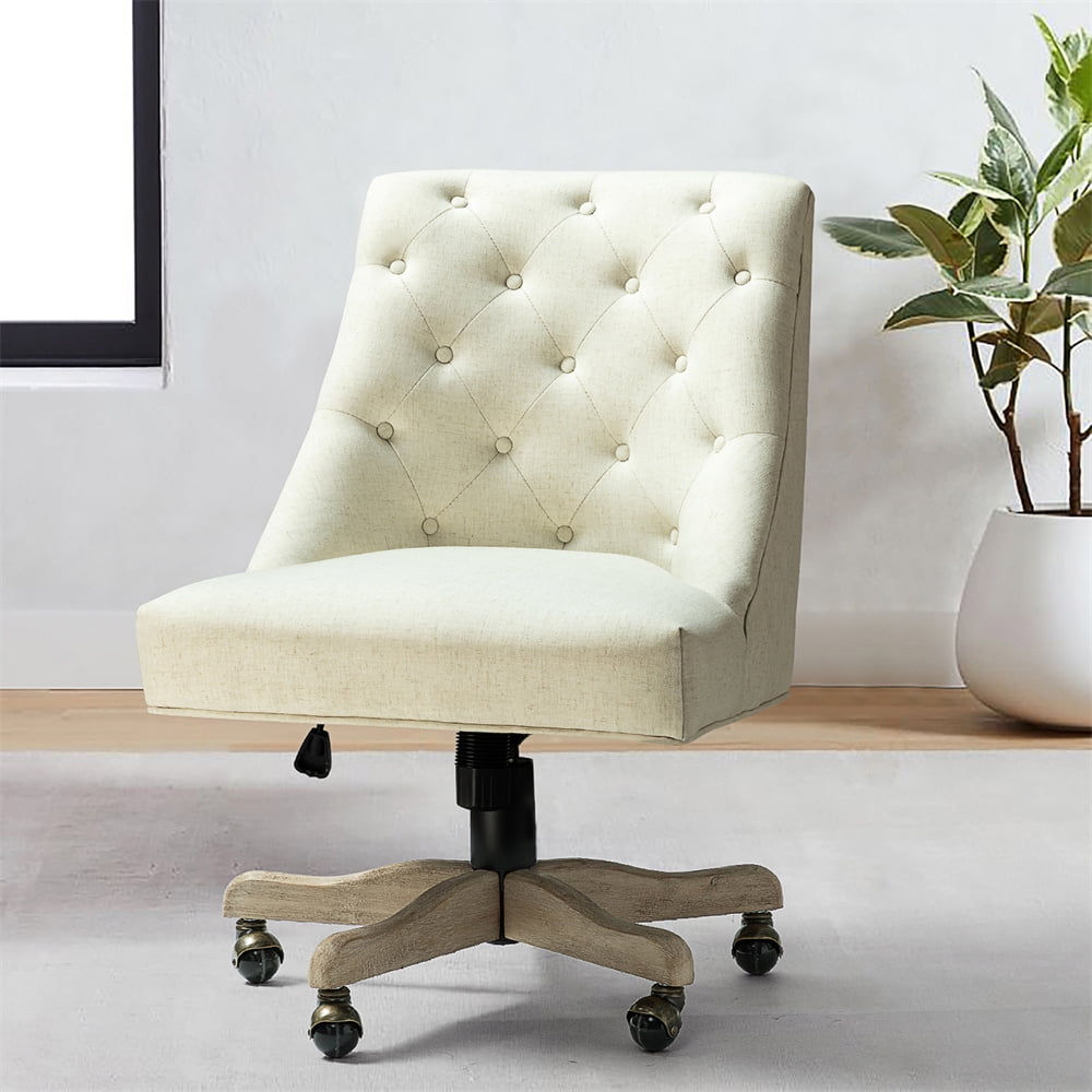 Swivel Home Office Chair with Wheels, Modern Button Tufted Linen Upholstered Computer Desk Chair ...