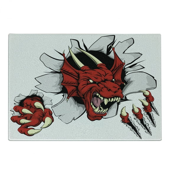 Dragon Cutting Board, Retro Pop Art Comic Strips Wild Creature Danger Caricature Image, Decorative Tempered Glass Cutting and Serving Board, Small Size, Ruby Pale Grey Cream, by Ambesonne