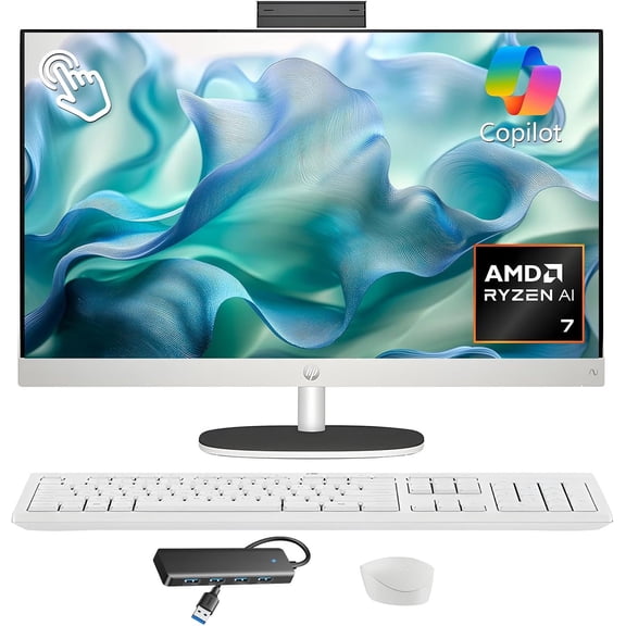 HP 27 All-in-One Desktop PC, Touch FHD 27" IPS Copilot AI PC Computer, AMD Ryzen AI 7 350(8-core), 32GB DDR5 RAM, 2TB SSD, Wi-Fi 6, Webcam, Windows 11 Pro, Bundle with USB HUB