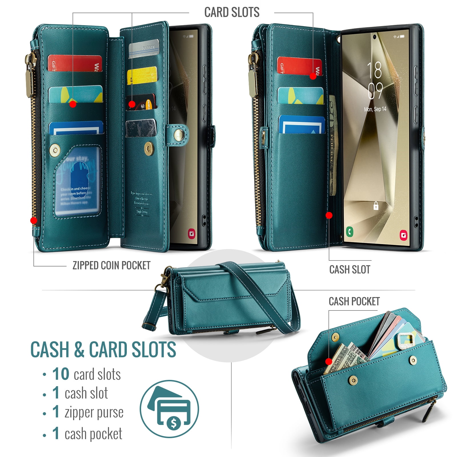 Compatible with Samsung Galaxy S24 Ultra 5G Zipper Wallet Phone Case Tempered Glass Screen Protector Crossbody Lanyard Strap Flip Card Holder Slot Cell Cover for S24Ultra 24S S 24 24Ultra Women Green