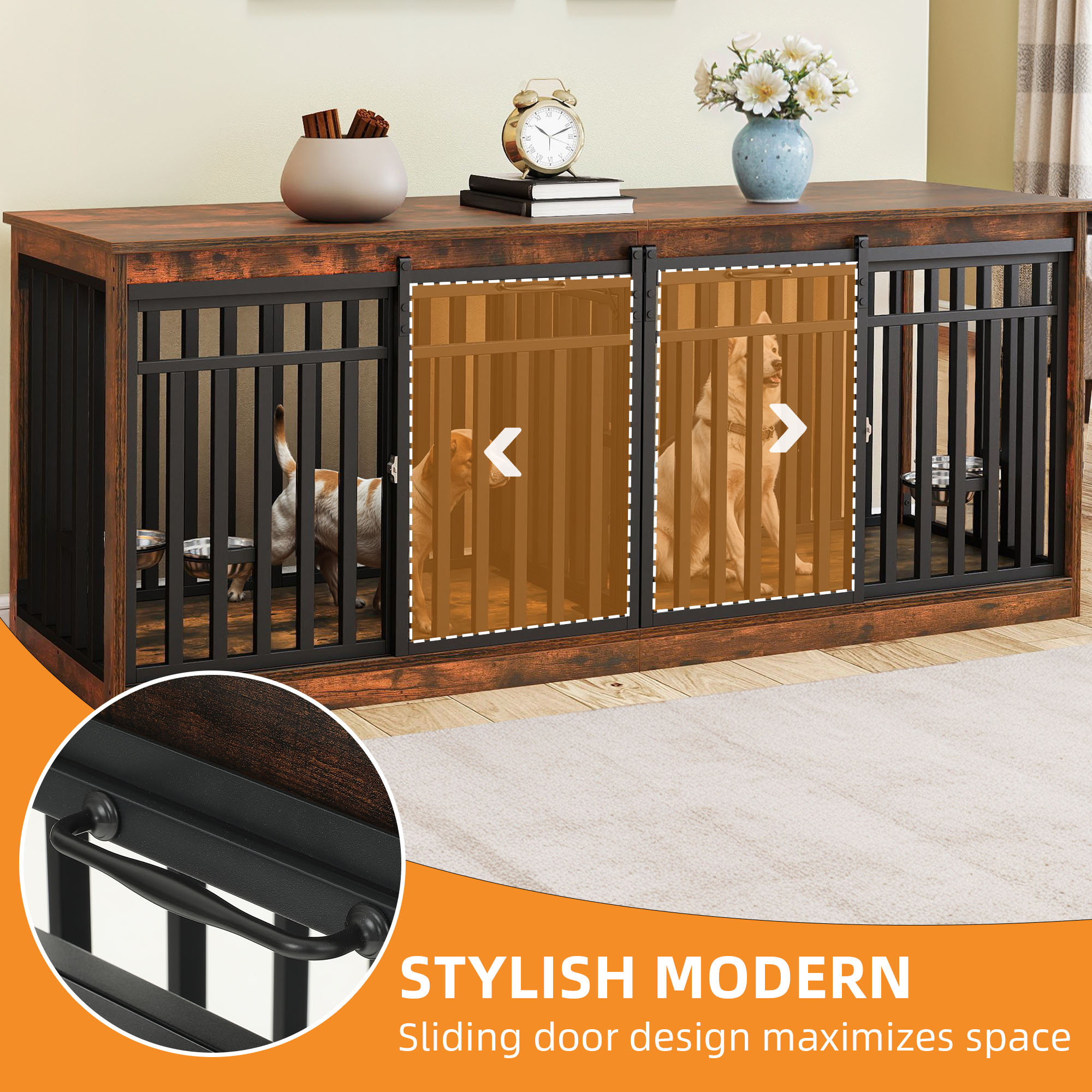 Craftian 71In Farmhouse Dog Crate TV Stand, Wooden Dog Kennel Furniture with 4 Dog Bowls, Large Dog Crate Furniture for 2 Dogs - Rustic Brown