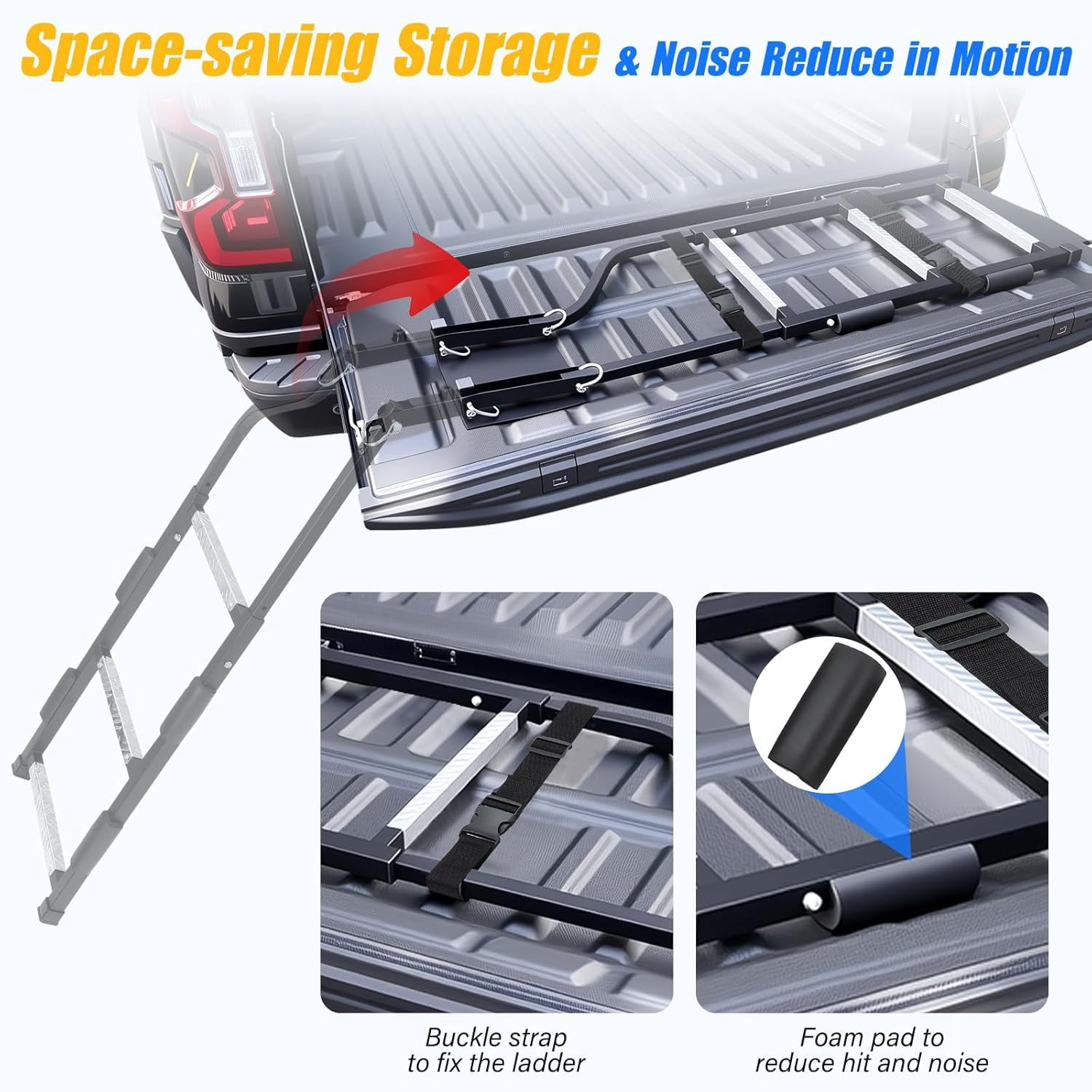 LCOKEIY Truck Tailgate Ladder, Pickup Tailgate Rack with Aluminum Step Grip Plates, Steel, Capacity 300 lbs, Black