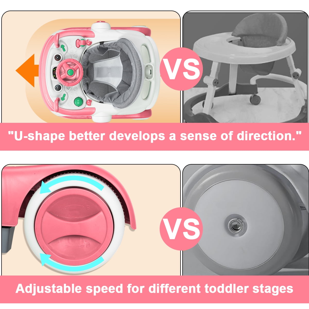 HAOUUCYIN 5-in-1 Baby Walker with Foot Pads/Handles for Girls Boys, Pink