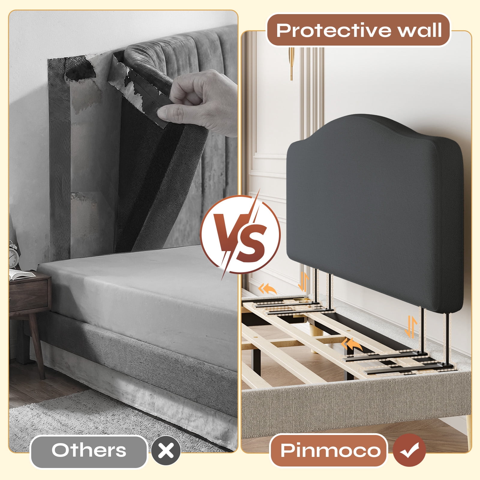 Pinmoco Upholstered Headboard for King Bed, Height Adjustable and Memory Foam Arc-shaped Head Board, Gray