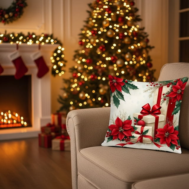 Juego de fundas de almohada navideñas | Funda de cojín decorativa festiva para sofá y cama | Tela de felpa corta cuadrada de 45 cm | Decoración de temporada para el hogar y la sala de estar