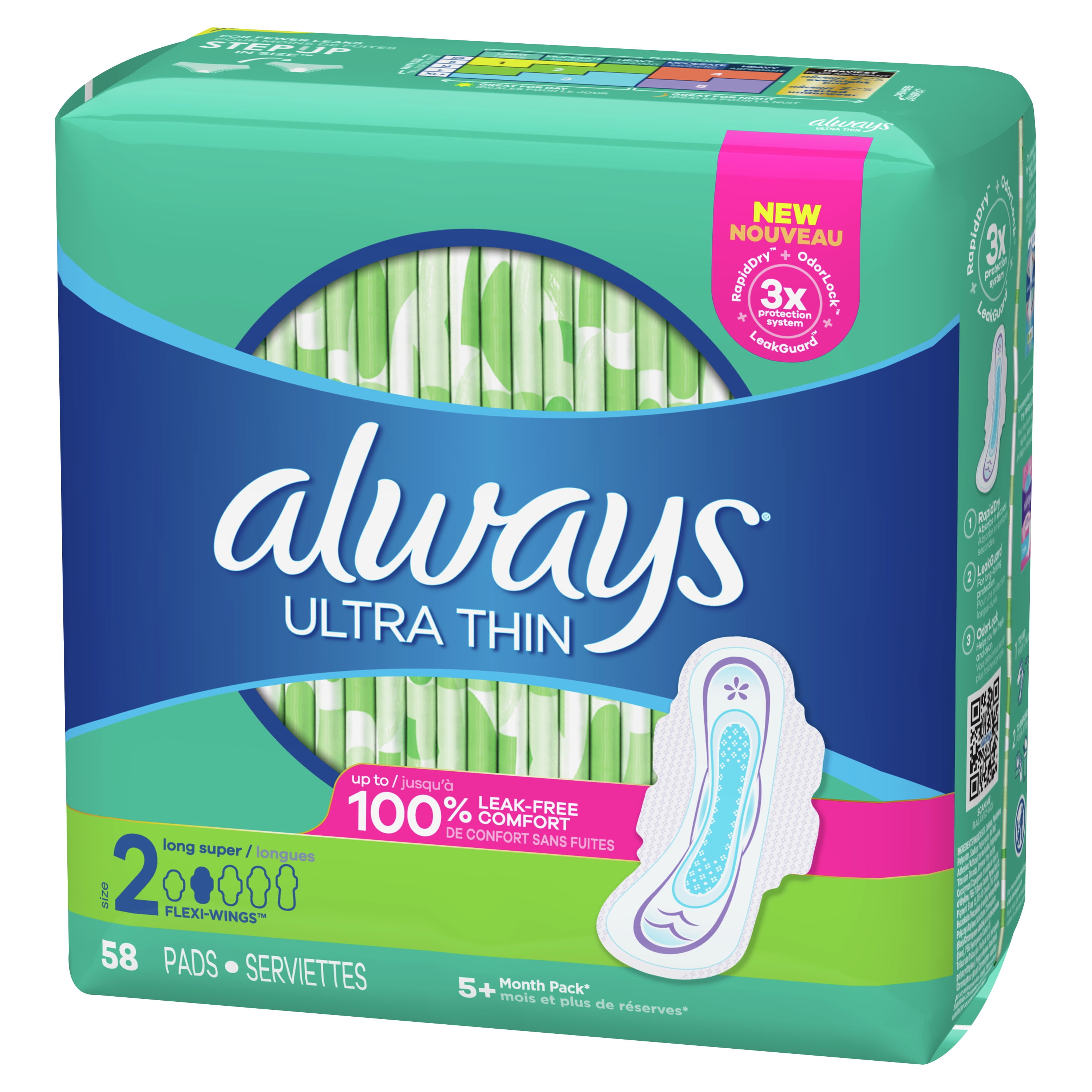 Always Ultra Thin Super Pads with Wings, Unscented, Size 2, 58 ct