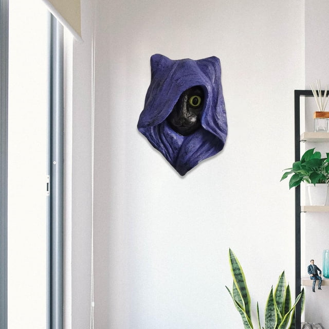 Estatua de estatuilla de gato con sombrero misterioso de resina, adorno de escultura de animal moderno creativo para estantería, escritorio, porche, Púrpura CUTICAT Escultura de gato con sombrero de resina