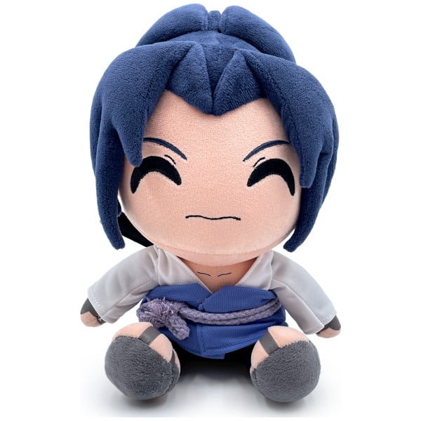 Naruto Shippuden Sasuke Youtooz 9" Plush by You Tooz Collectibles. This plush toy features Sasuke Uchiha in his signature outfit, including a white shirt, blue sash, and grey leg warmers, with detailed embroidery and soft fabric. Suitable for fans of the Naruto series and collectors of anime merchandise.