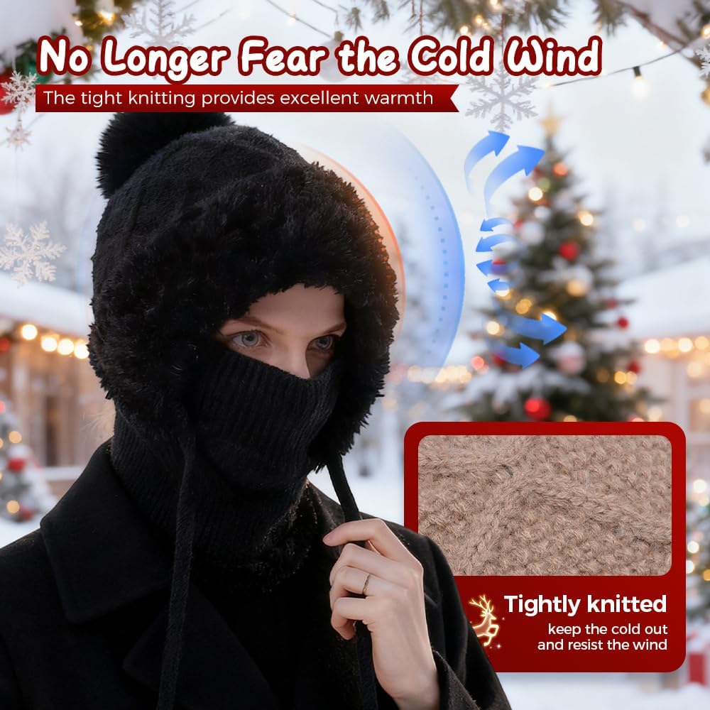 3 in 1 Beanie Hat with Scarf & Mask for Women, Windproof Fleece Thermal Neck Gaiter for Skiing Running Cycling