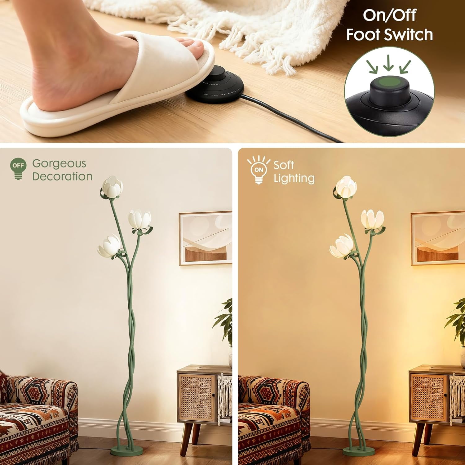 67" Vintage Floral Floor Lamp, 360° Adjustable Lamp Heads, Flexible Gooseneck Stems, Lotus Shades & Foot Switch (LED Bulbs Included)
