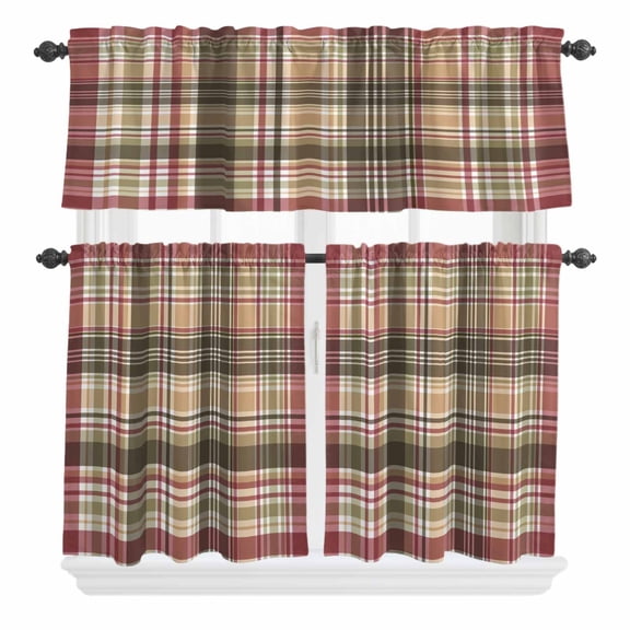 3 Piece Kitchen Curtains and Valances Set Buffalo Plaid Cafe Curtains 24 Inch Length Modern Farmhouse Colorful Checkered Valance & Tier Curtain for Living Room Bedroom Small Window 54"x18" 27"x24"*2