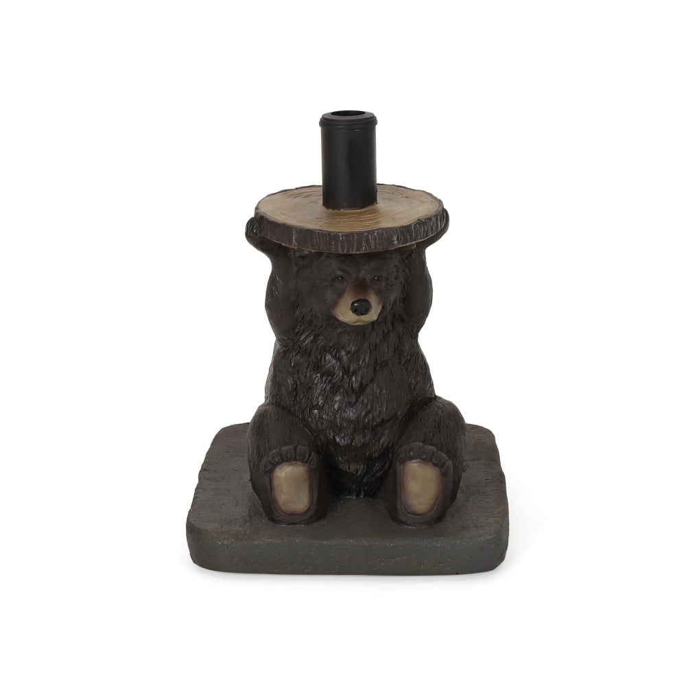 Bear Patio Umbrella Base, Lightweight Concrete with Resin Finish, Dark Brown Decorative Umbrella Stand, No Assembly Required