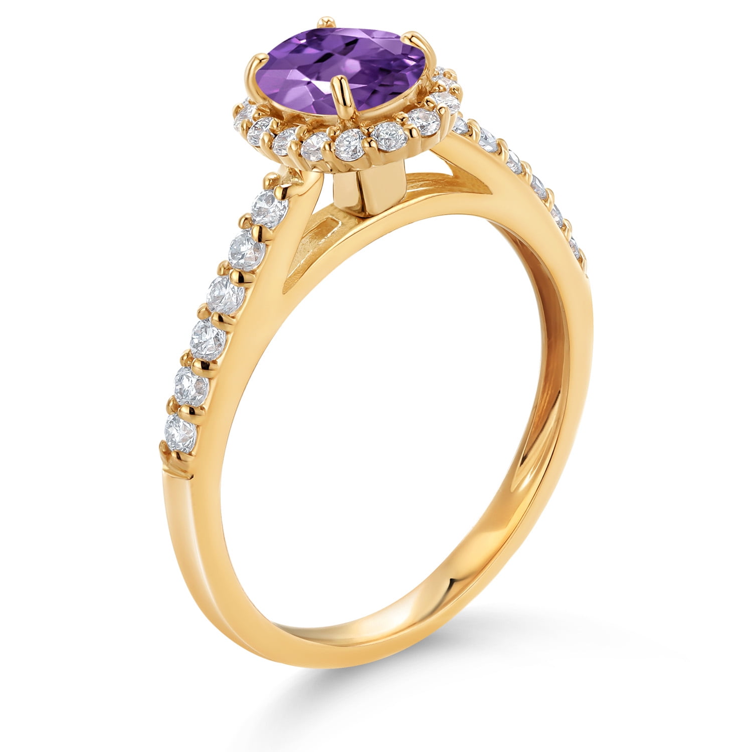 Gem Stone King 10K Yellow Gold Purple Amethyst and White Lab Grown Diamond Halo Engagement Ring for Women (1.06 Cttw, Gemstone February Birthstone, Oval 7X5MM)