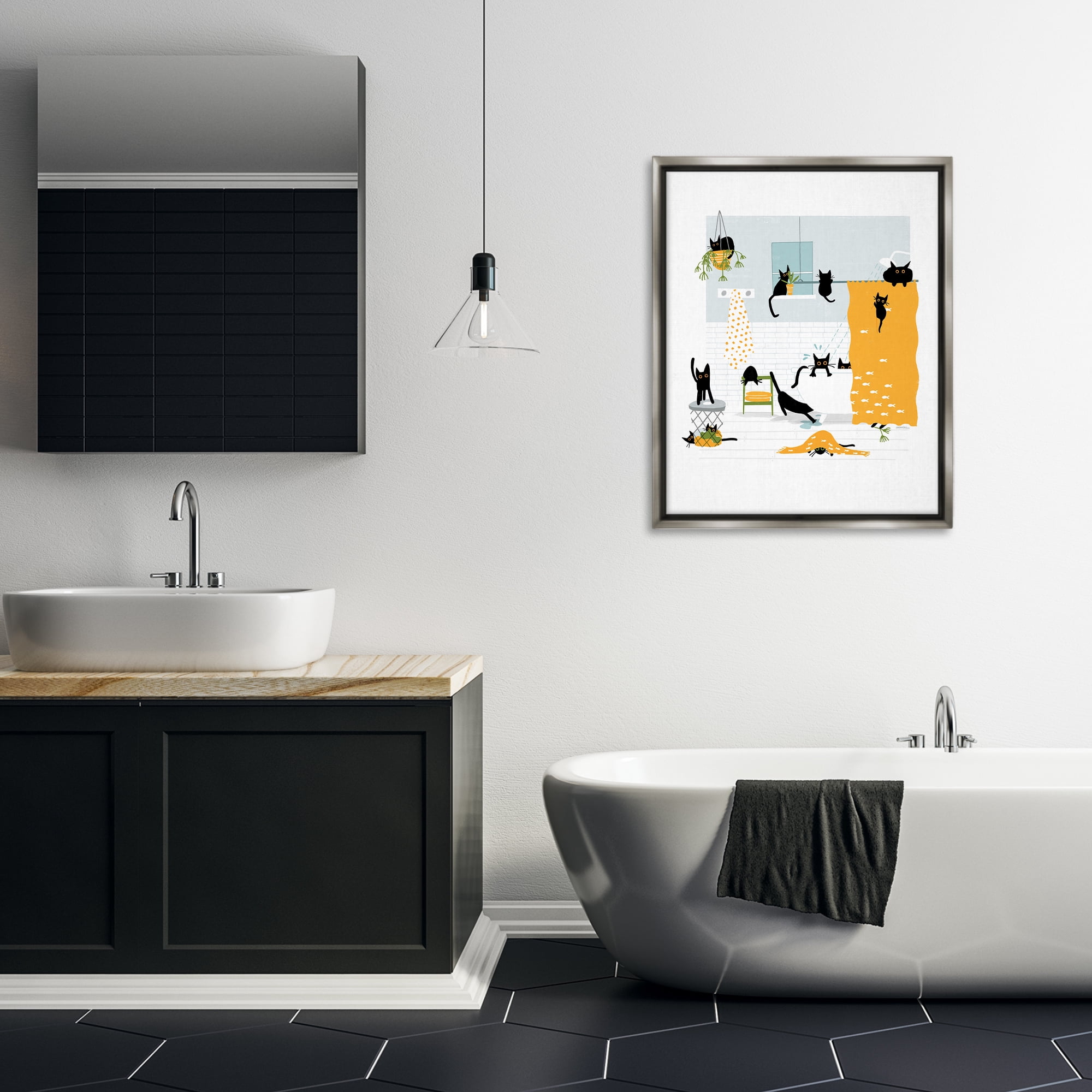 Stupell Industries Black Cats Bath Time Bath & Laundry Painting Gray Floater Framed Canvas Art Print Wall Art, 25 x 31