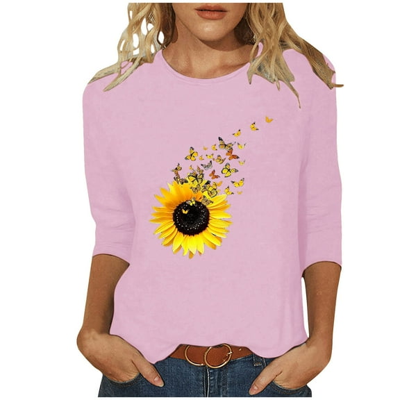 Hfiengba Women's Sunflower Graphic Tee Floral Printed Crew Neck 3/4 Sleeve Shirts Casual Loose Fit Tops (XL, Pink)