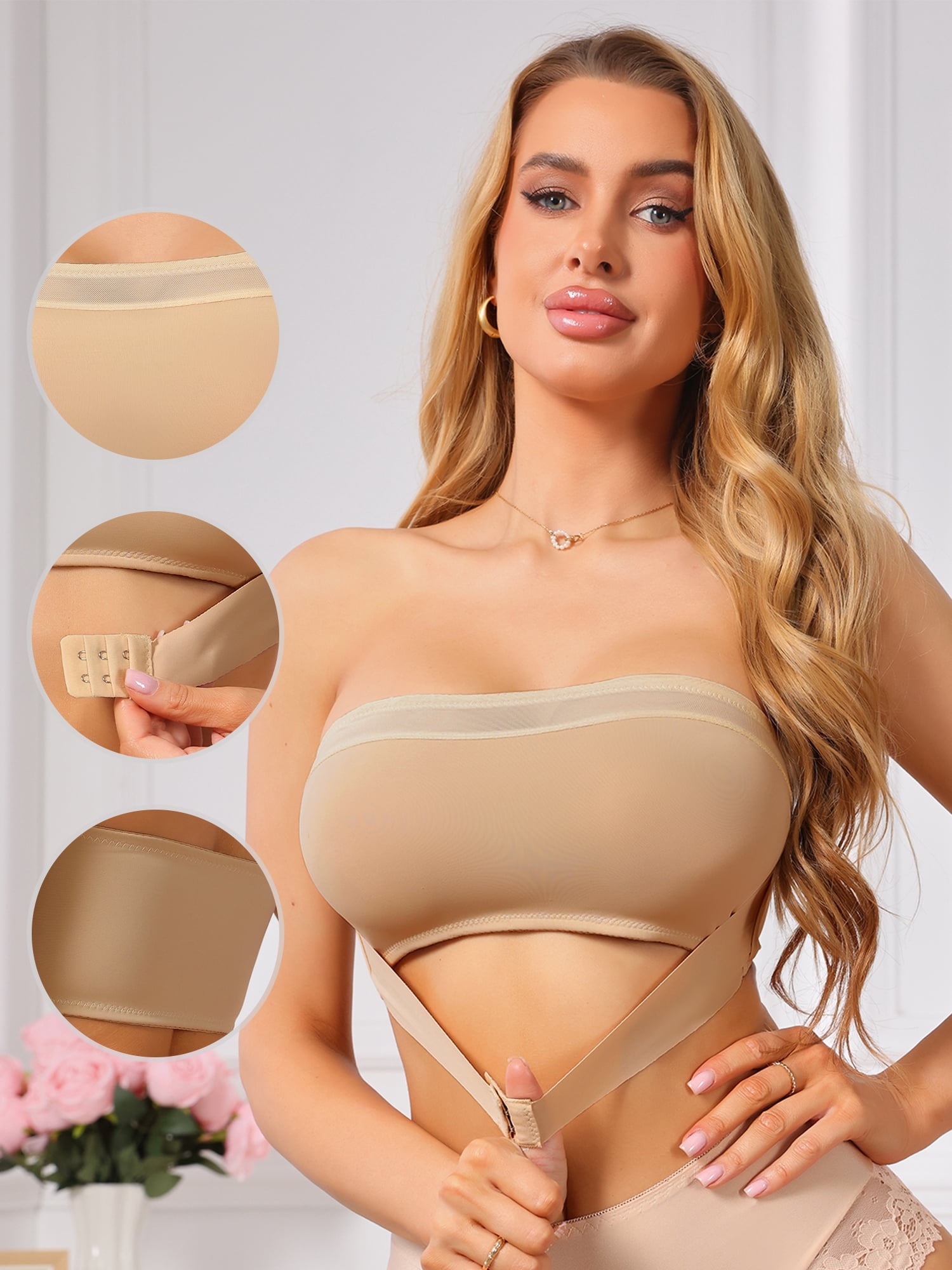DARING DIVA Women's Mesh Front Strapless Push Up Low Back Seamless Bra S Beige