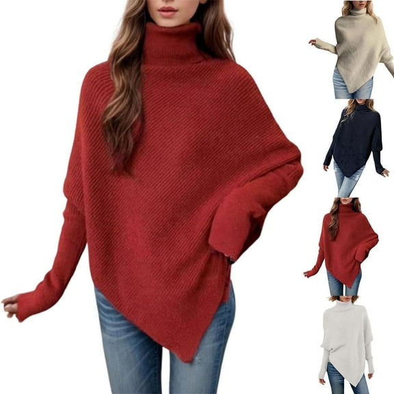 Ashirexll Winter Sweaters for Women, Pullover Sweaters for Women, Women's Irregular High Neck Batwing Sleeve Knit Poncho Pullover Round Neck Sweater