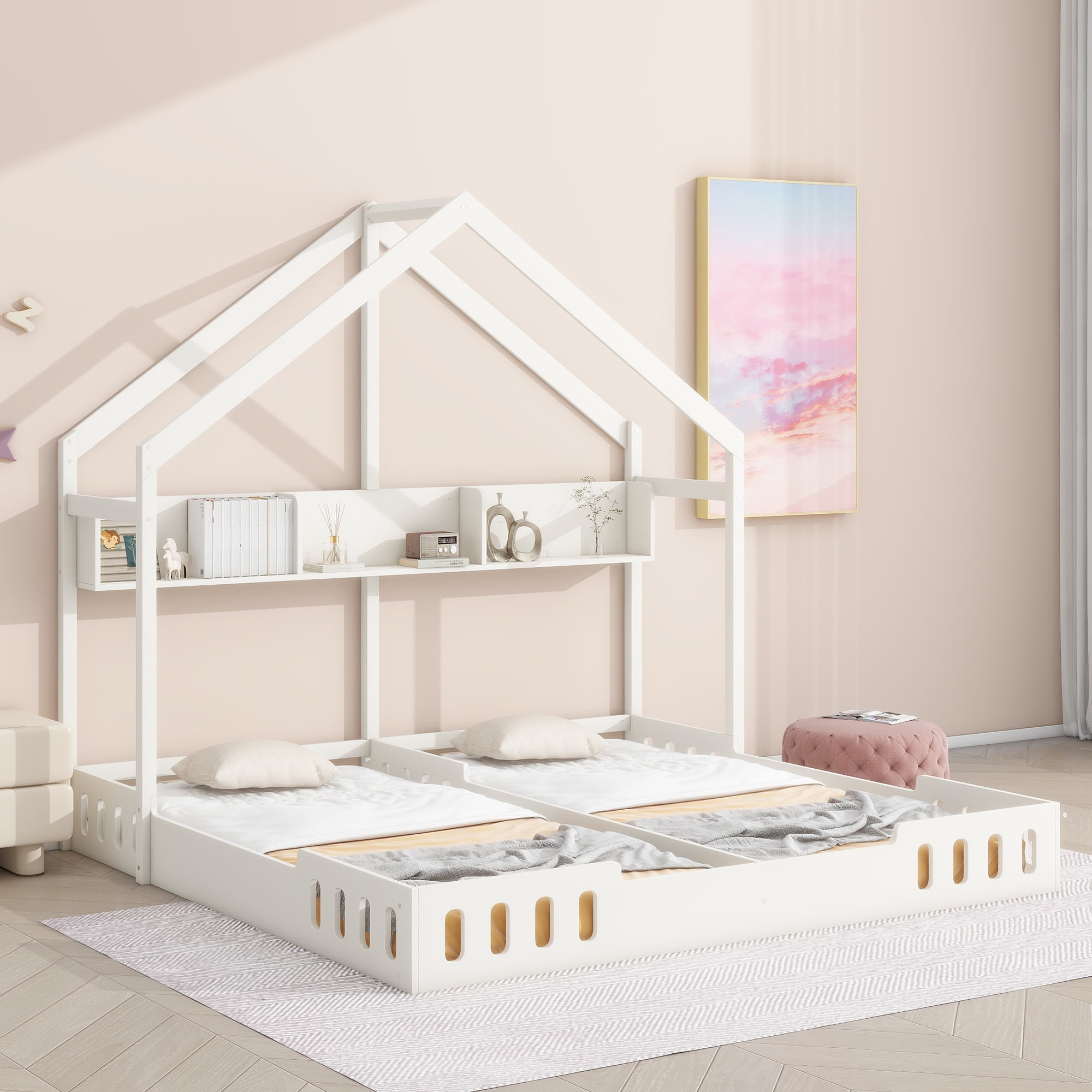 Euroco Wood Twin Size House Bed with Shelf, 2 Platform Beds with Storage, Creamy White