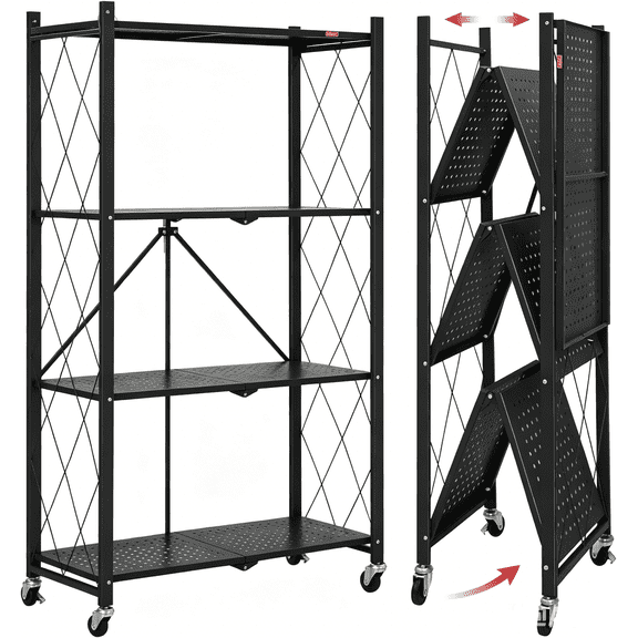 4-Tier Foldable Storage Shelf with Wheels - Metal Rack Collapsible Shelving Unit Display, Rolling Cart for Books Kitchen Storage Shelves, Pantry & Closet Organizer, Office Room Decor