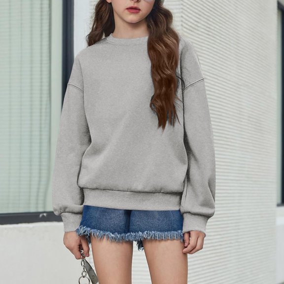 Resicozy Girls Sweatshirt Crewneck Solid Tops for Kids Long Sleeve Fall Winter Clothes, Casual Solid T-shirts, Teen Warm Pullover 3-15 Years Light Gray 160