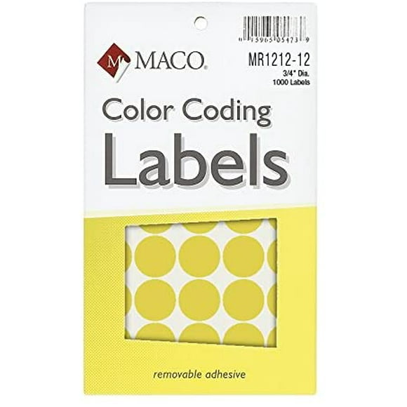 MACO Neon Yellow Round Color Coding Labels, 3/4 Inches in Diameter, 1000 Per Box (MR1212-12)