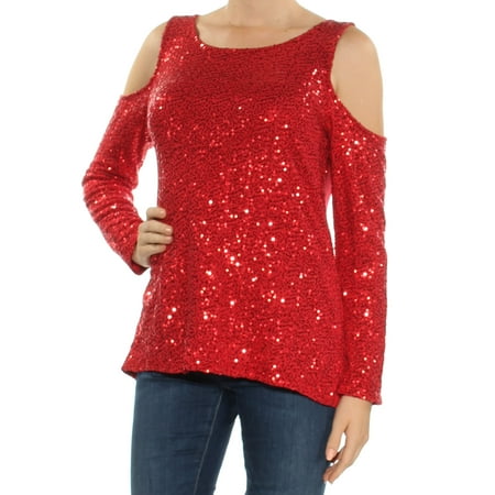 INC - INC Womens Red Sequined Cold Shoulder Long Sleeve Jewel Neck ...