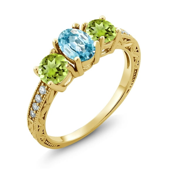 Gem Stone King 2.47 Ct Oval Blue Zircon Green Peridot 18K Yellow Gold Plated Silver Moissanite Ring (Size 8)