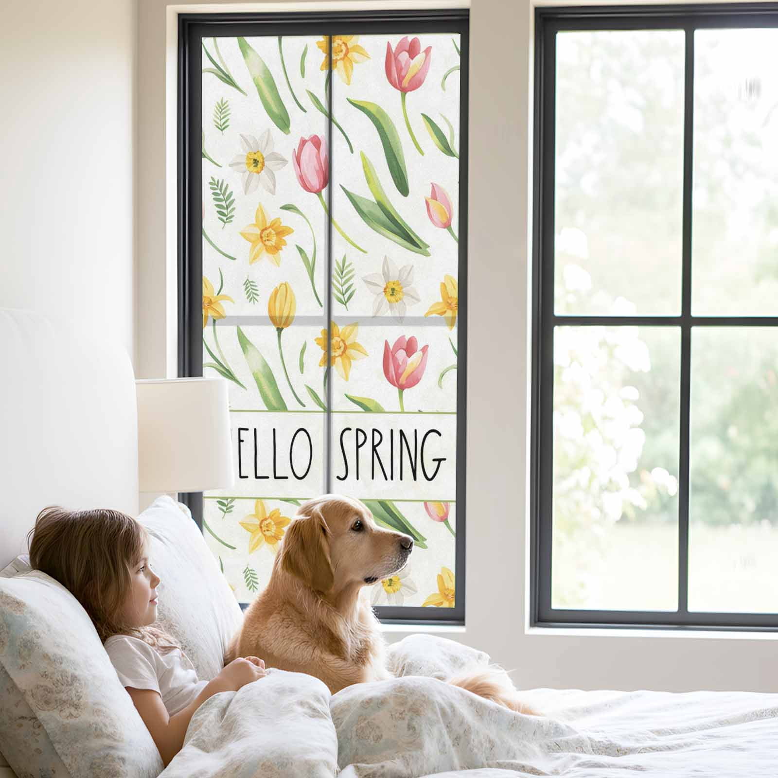 Hello Spring Window Privacy Film, Yellow Pink Tulip Flowers Green Leaf Pastoral Frosted Glass Window Clings Static Cling UV Heat Blocking Reusable Door Sticker for Bathroom 23.6 x 59 Inch