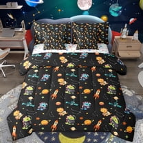 Manfei Cute Dinosaur Astronaut 7-Piece Bedding Comforter Set,Cartoon Rocket Planet King Bedding Sets,Kawaii Stars Print Bed Sheets For Boy,Ultra Soft Home Decor Reversible