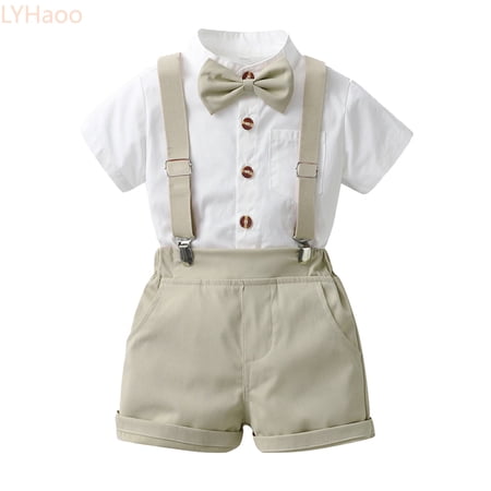 LYHaoo Toddler Boys Short Sleeve Solid T Shirt Tops Suspenders Shorts Child Kids Gentleman Outfits Boys Clothing Sets Sizes (3-4 Years)
