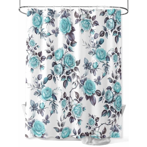 Fsddascl Aqua Rose Shower Curtain Set - Standard 72" x 72" Washable Bathtub Curtain with 12 Hooks, Rustic Romantic Botanical Floral Vines Art Waterproof Fabric Stall Shower Curtains for Bathroom