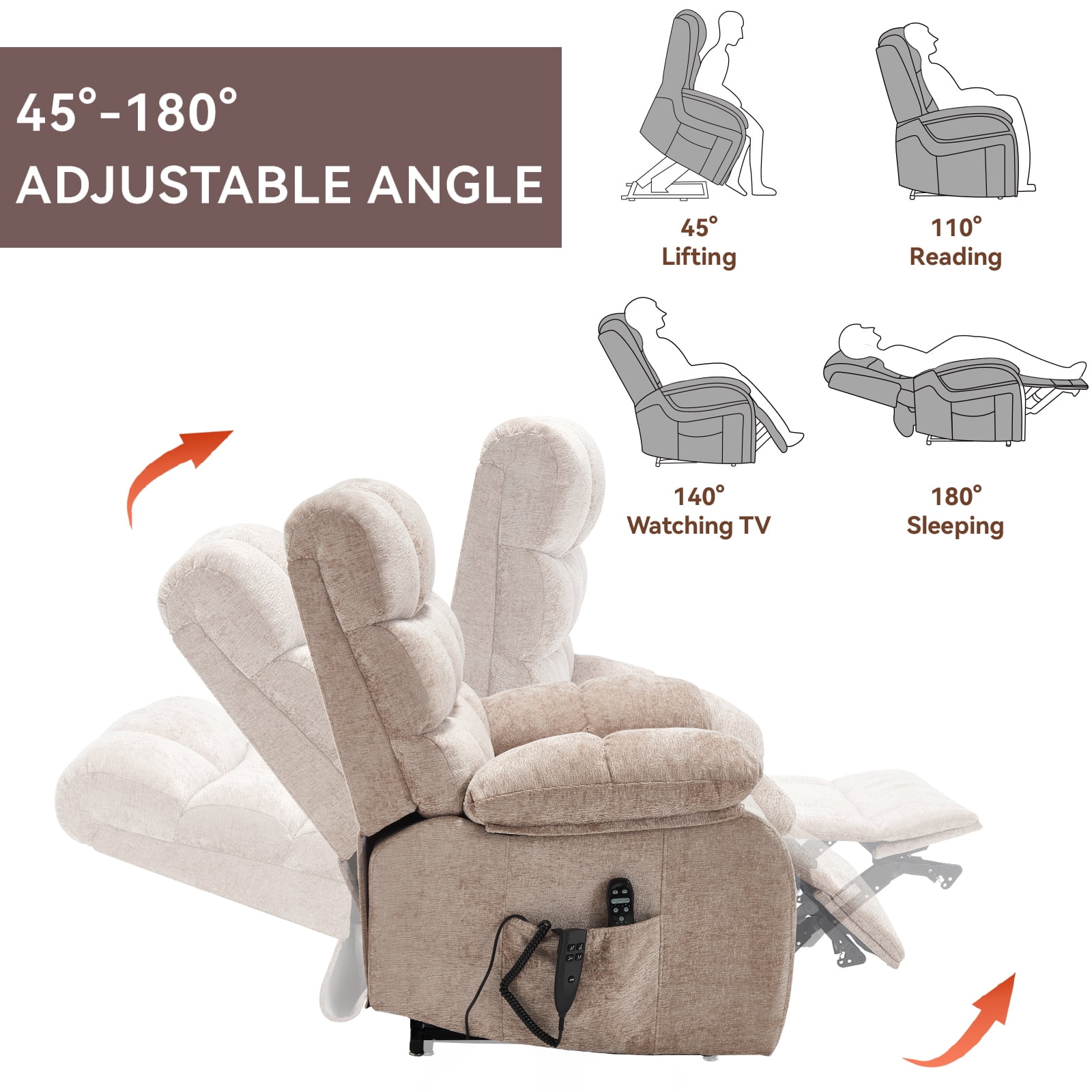Power Lift Recliner Chair, Heat Massage Dual Motor Infinite Position 350 LBS Heavy Duty, Electric Remote Recliner for Elderly, Medium-Firm Chenille, Beige