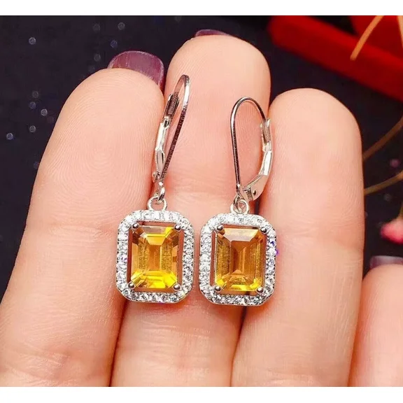 4 Ct Emerald Cut Cubic Zirconia Citrine Drop Dangle Earrings, 14K White Gold Plated Sterling Silver