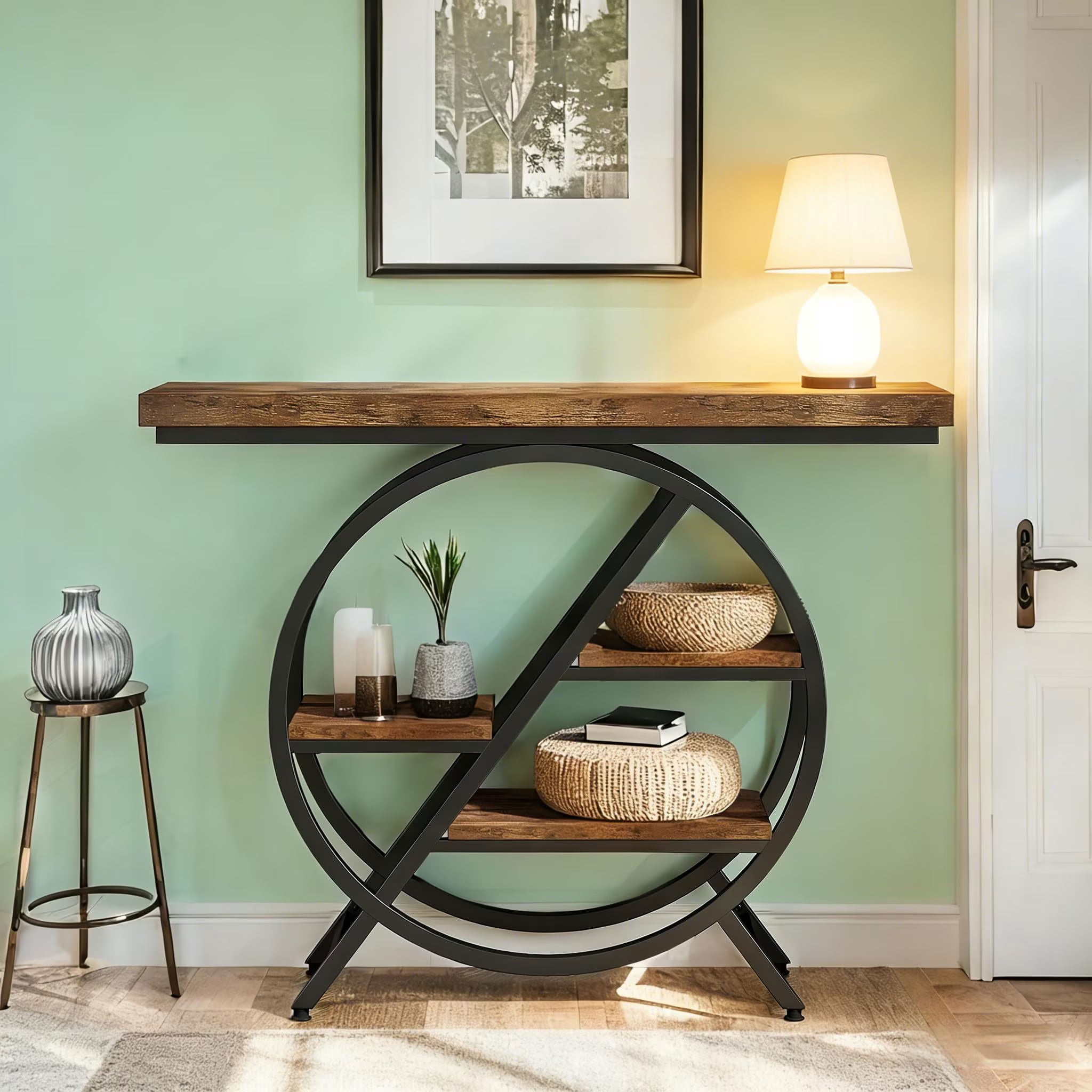 MAYEERTY 39.37" Industrial Console Table with Metal Frame, Rustic Wood Narrow Entryway Table with 3-Tier Shelves, for Living Room, Hallway, Foyer
